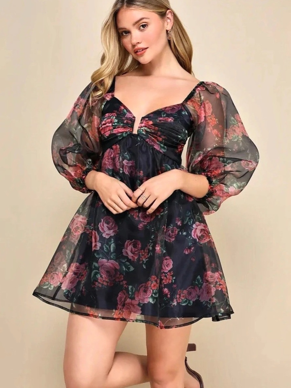 Lulus Sweetly Flirty Navy Blue Floral Organza Puff Sleeve Mini Dress – Size L –
